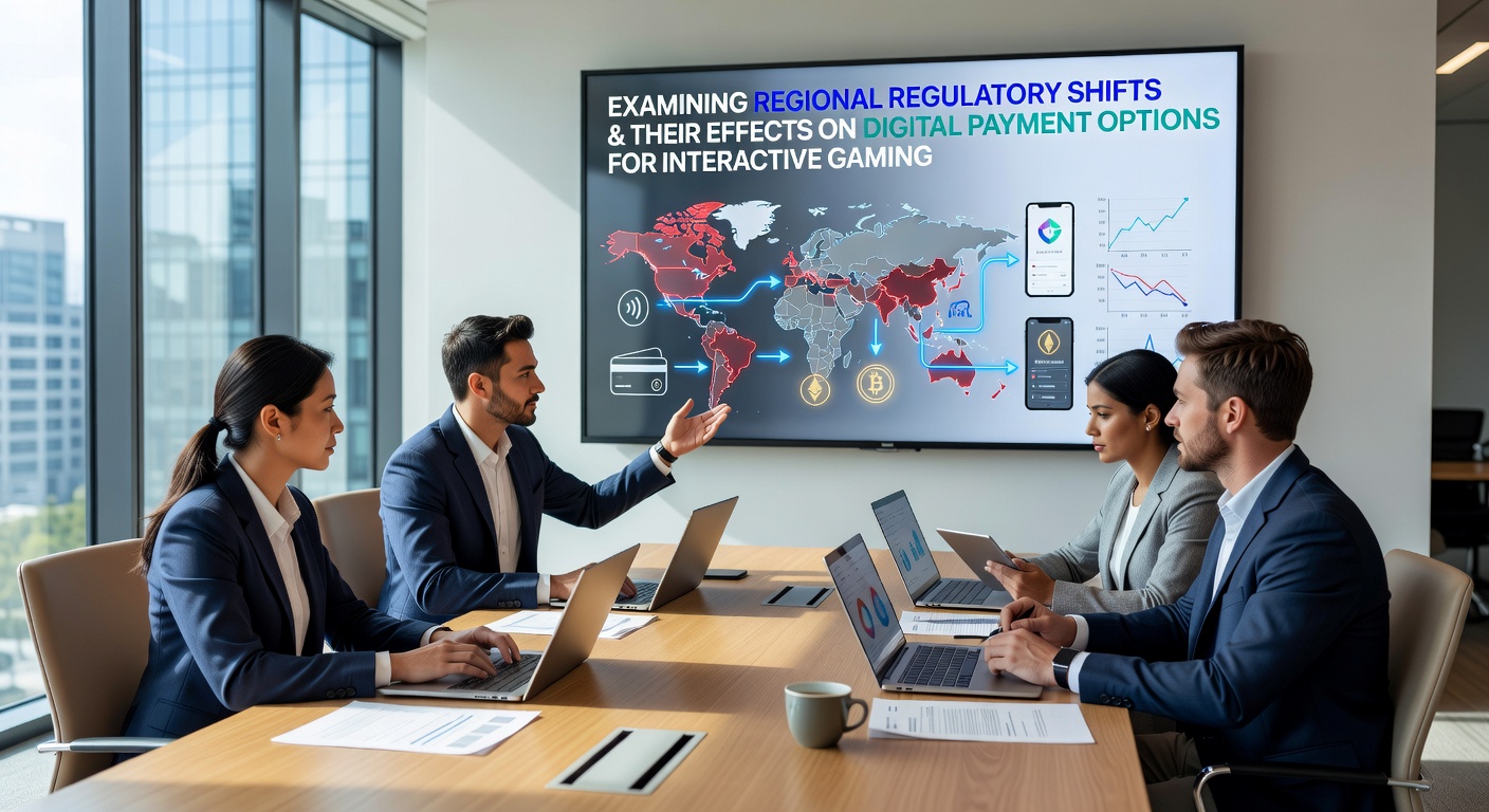 Illustration of digital payment interfaces adapting to new gaming regulations in different global regions