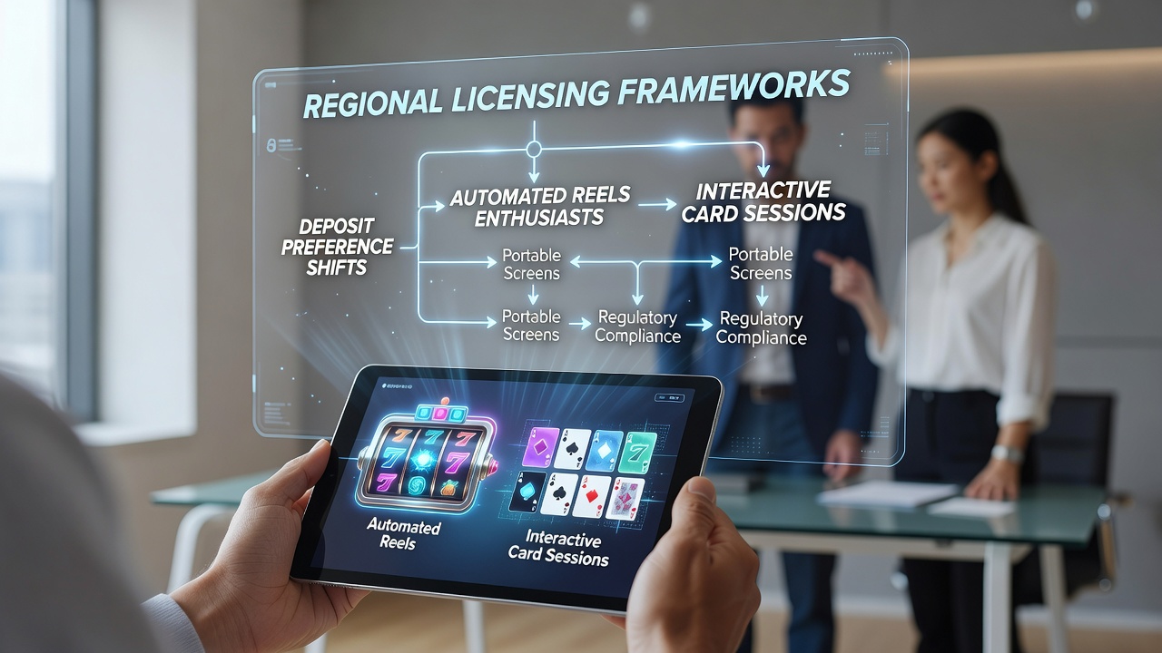 Mobile device displaying slot and card game interfaces with regional regulatory icons overlay