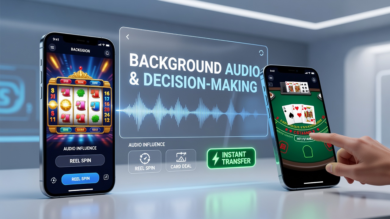 Mobile app interface showing reel spin with background audio controls and instant transfer options highlighted